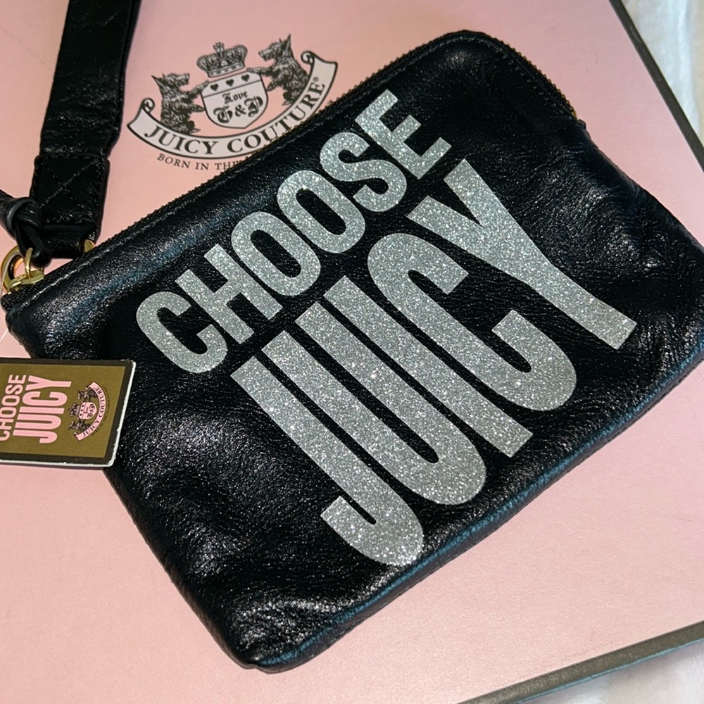 Vintage Juicy Couture Black leather & Silver Glitter Clutch wristlet Y2K Rare
